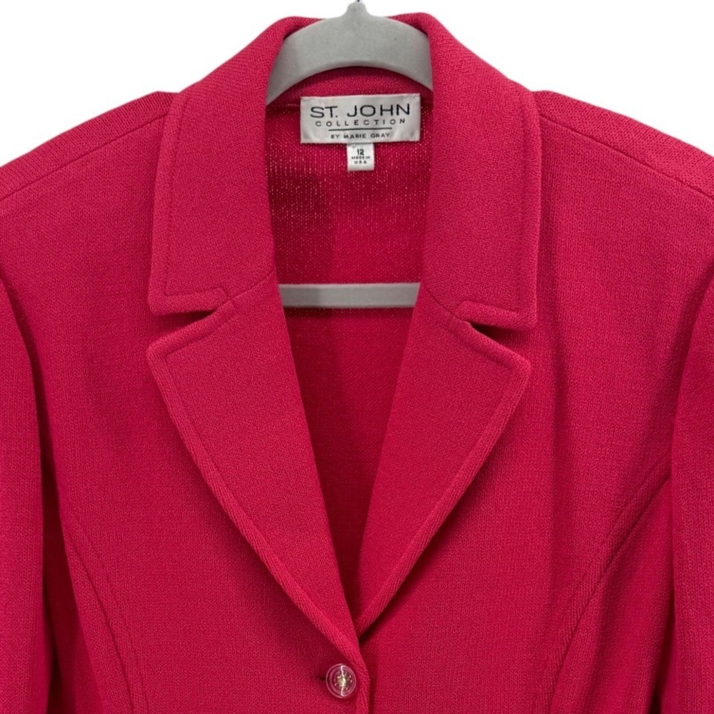 St. John Collection Marie Gray Raspberry Pink Santana Knit Blazer Size 12 USA